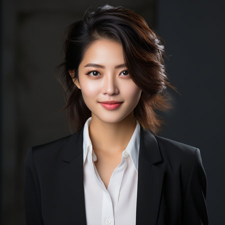 Portrait of a beautiful asian businesswoman in black suit.の素材