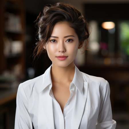 Portrait of a beautiful asian woman in white shirt and hair styleの素材
