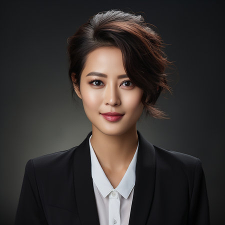 Portrait of a beautiful asian woman in black suit on dark backgroundの素材