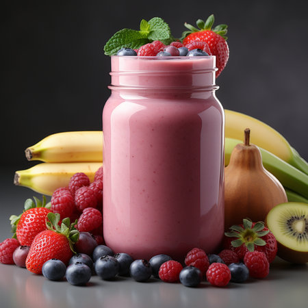 Smoothie in a jar with fresh fruits on a dark backgroundの素材