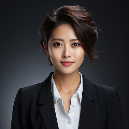 Beautiful asian businesswoman with hair style isolated on black backgroundの素材