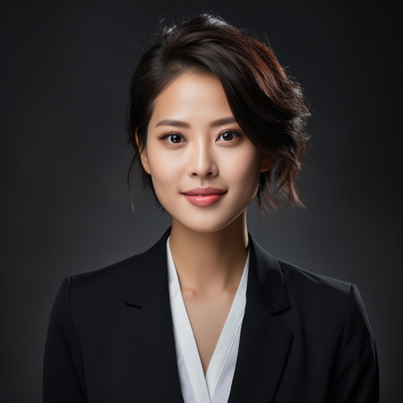 Portrait of a beautiful asian businesswoman on dark background.の素材