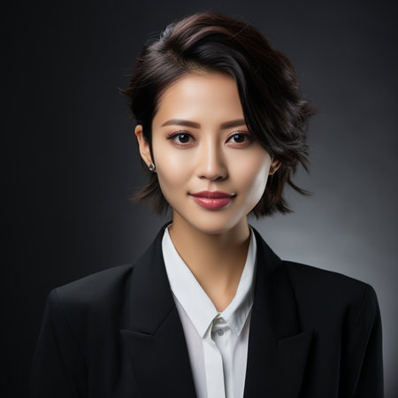 Portrait of young asian businesswoman, isolated on black backgroundの素材