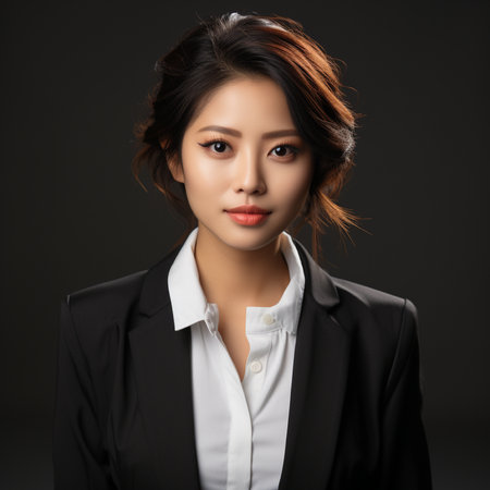 Portrait of a beautiful young asian businesswoman in black suitの素材