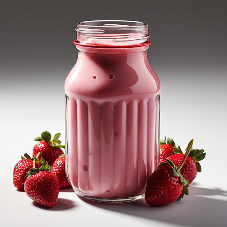 Strawberry milkshake in a glass jar on a gray backgroundの素材