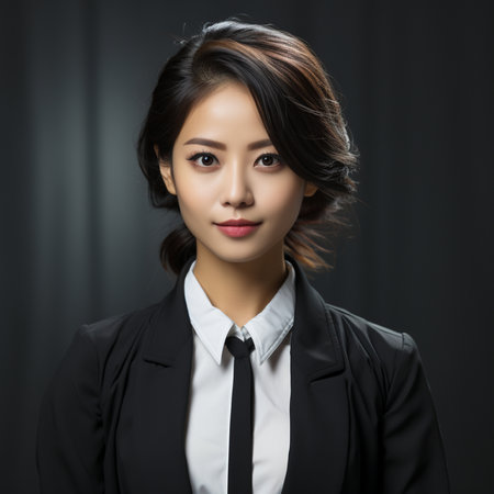 portrait of young asian businesswoman in black suit on dark backgroundの素材