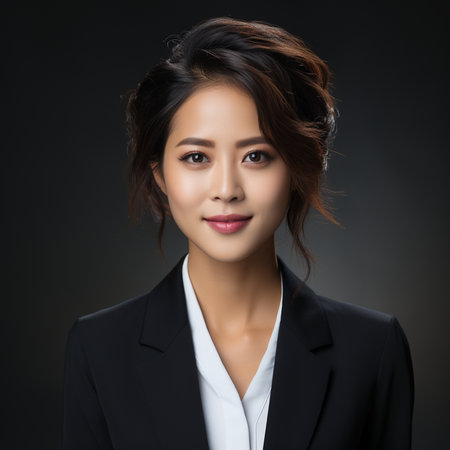 Beautiful asian businesswoman in black suit, isolated on dark backgroundの素材