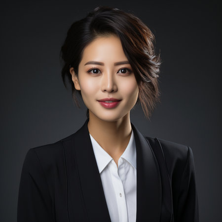 Portrait of young asian businesswoman in black suit on dark backgroundの素材