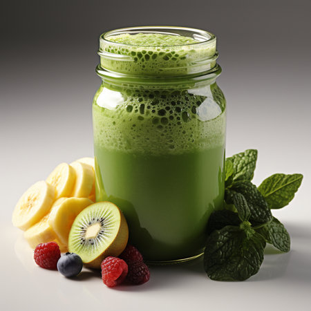 Green smoothie in a glass jar with ingredients on a gray backgroundの素材