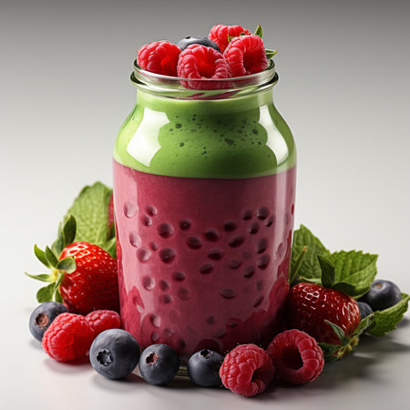 Smoothie with raspberry, blueberry and mint in glass jarの素材