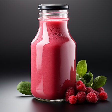 Bottle of raspberry smoothie with fresh raspberries on black backgroundの素材