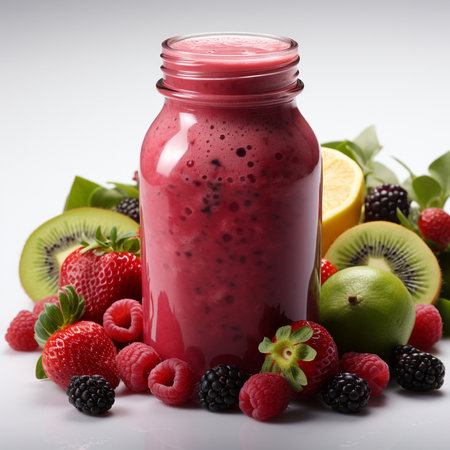 Smoothie in a bottle with fresh fruits and berries on a white backgroundの素材