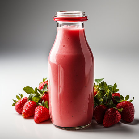 Strawberry smoothie in a bottle on a gray background.の素材