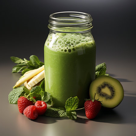 Green smoothie in a jar with fresh fruits on a dark backgroundの素材