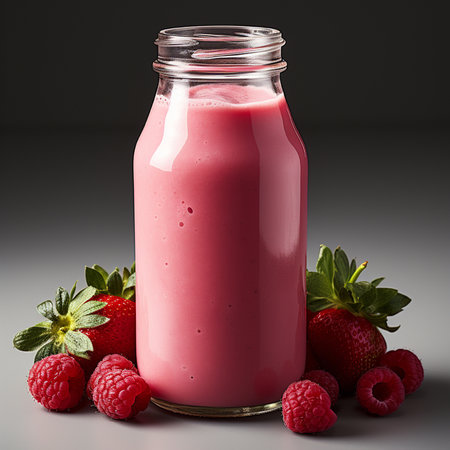 Bottle of raspberry milkshake with fresh berries on grey backgroundの素材