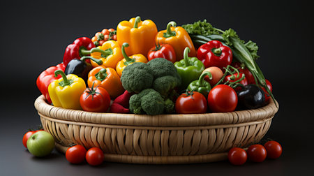 Fresh vegetables in a basket on a black background. Healthy food.の素材