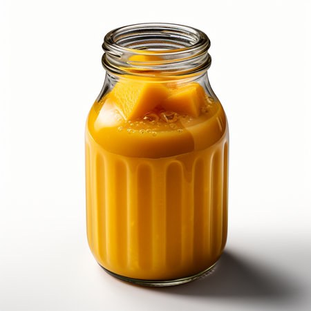 Mango smoothie in a glass jar isolated on white background.の素材