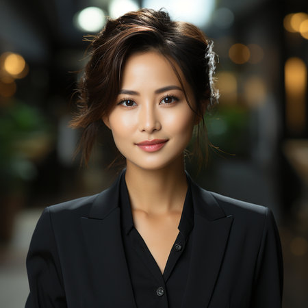 Portrait of beautiful asian businesswoman in black suit at officeの素材