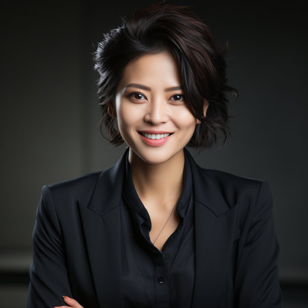Portrait of a happy businesswoman in black suit smiling at cameraの素材