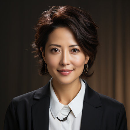 portrait of smiling asian businesswoman in suit over dark backgroundの素材