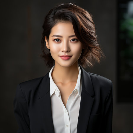 Portrait of beautiful young asian businesswoman in black suit.の素材
