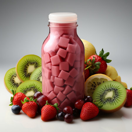 Bottle of smoothie with fresh fruits and berries on white backgroundの素材