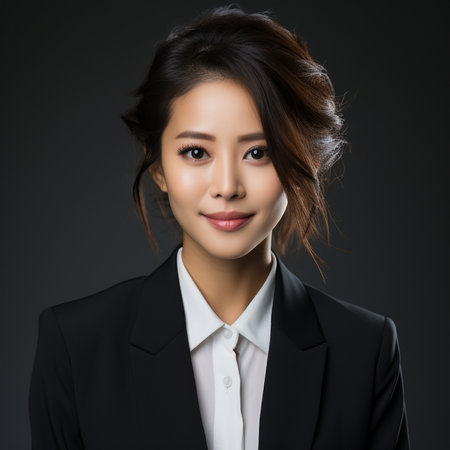 Portrait of young asian businesswoman in black suit on dark backgroundの素材