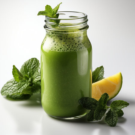 Healthy green smoothie in a glass jar with mint and limeの素材