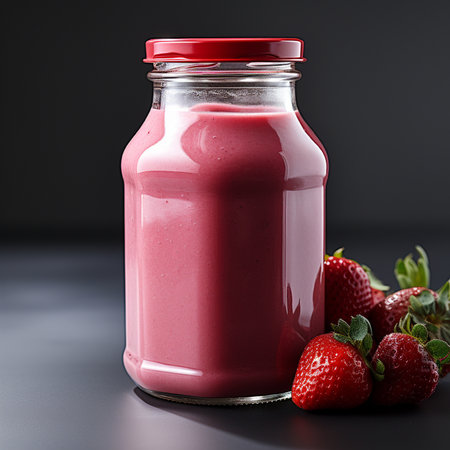 Healthy strawberry smoothie in a glass jar on a black backgroundの素材