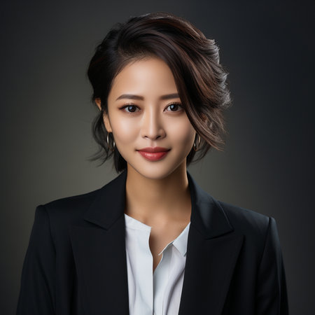 Portrait of young asian businesswoman in black suit, isolated on grey backgroundの素材