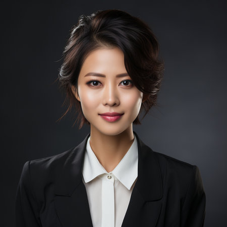Portrait of a beautiful asian businesswoman in black suit.の素材