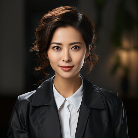 portrait of beautiful asian businesswoman in black suit at officeの素材