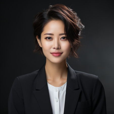 Portrait of a beautiful young asian business woman on dark backgroundの素材