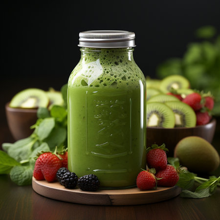Green smoothie in a bottle with fresh fruits and berries on a dark backgroundの素材