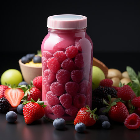 Healthy smoothie in jar with fresh berries and fruits on black backgroundの素材
