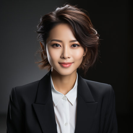 portrait of beautiful asian businesswoman smiling, isolated on black backgroundの素材