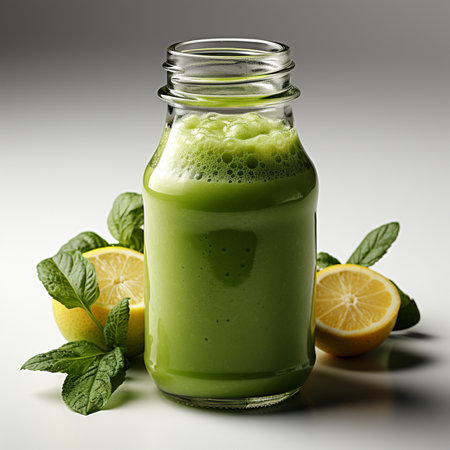 Green smoothie with lemon and mint in a bottle on a gray backgroundの素材