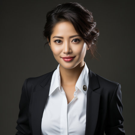 Portrait of happy asian businesswoman in black suit on dark backgroundの素材