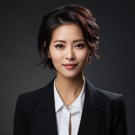 Beautiful asian businesswoman in black suit, closeup portraitの素材