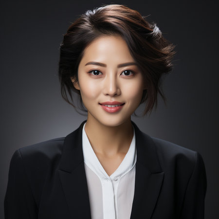 Beautiful asian woman in black suit, isolated on gray backgroundの素材