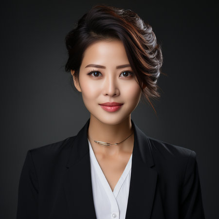 Portrait of beautiful asian business woman, isolated on black backgroundの素材