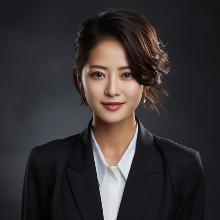 Portrait of beautiful young asian businesswoman in black suit.の素材