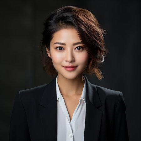 Portrait of a beautiful young asian businesswoman in black suitの素材