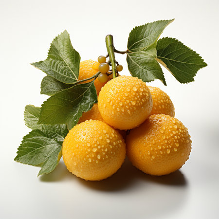 Citrus fruits with green leaves and water drops on white backgroundの素材