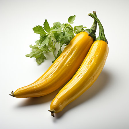 Yellow zucchini with parsley on a white background, top viewの素材