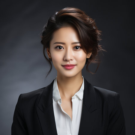Portrait of a young asian businesswoman on dark background.の素材