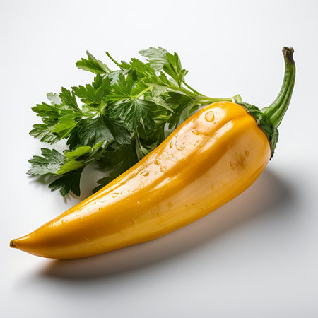 Yellow hot chili pepper with parsley on white background, closeupの素材