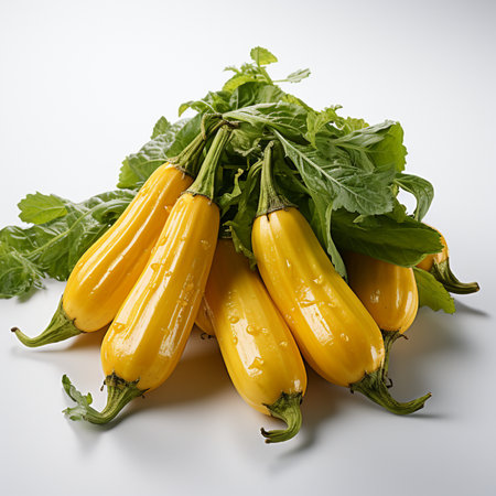 Fresh yellow zucchini with green leaves on a white background.の素材