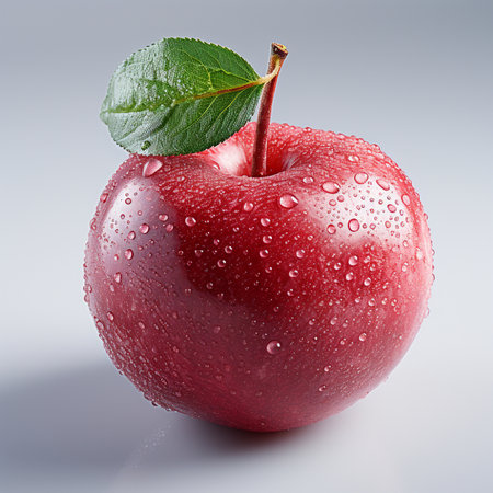 Red apple with water drops on a gray background. Close-up.の素材