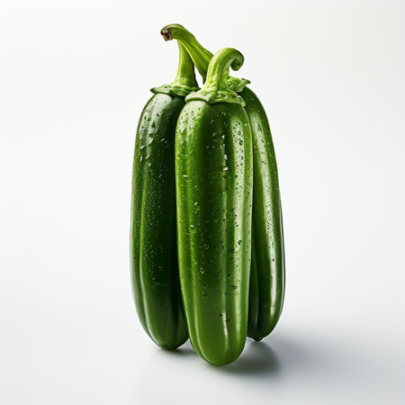Fresh green pepper with water drops on white background, close-upの素材
